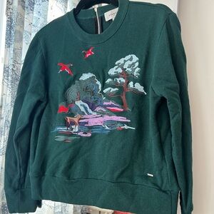 Coach Embroidered Green Crewneck Sweater with Zipper Pull